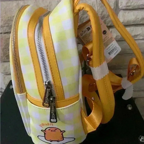 NWT Loungefly Sanrio Gudetama exclusive backpack yellow white gingham - Picture 2 of 5